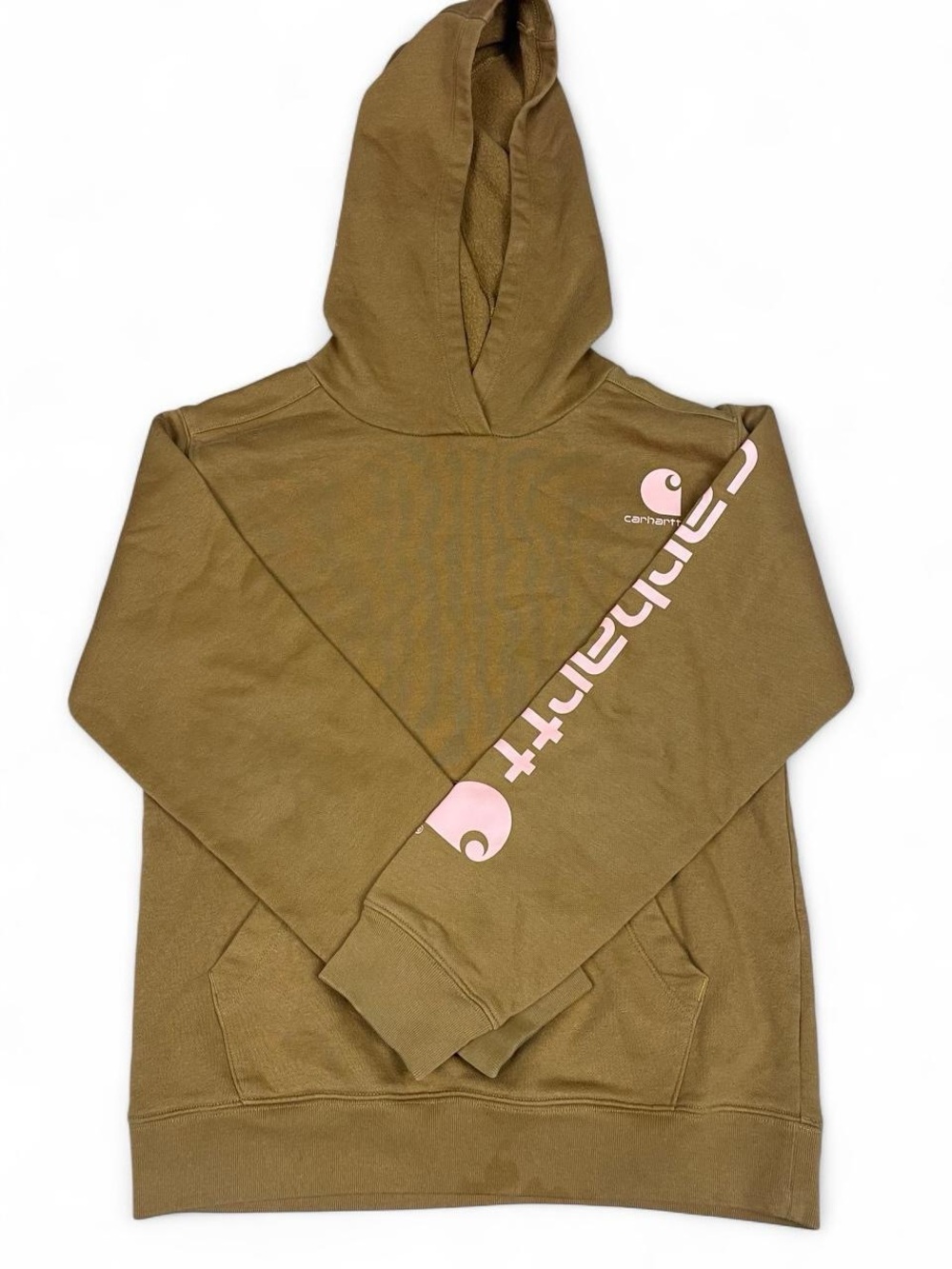 Carhartt Brown Hoodie with Pink Logo. No size Tag